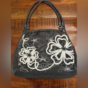 Brighton Black Floral Embroidered Canvas Shoulder Bag - Style U100986